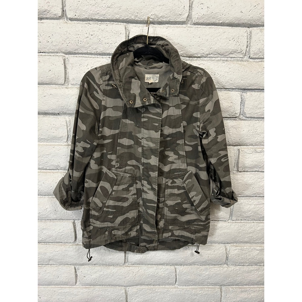 Jolt Womens Camo Utility Jacket Green Gray Full Zip Stowaway Hood Small